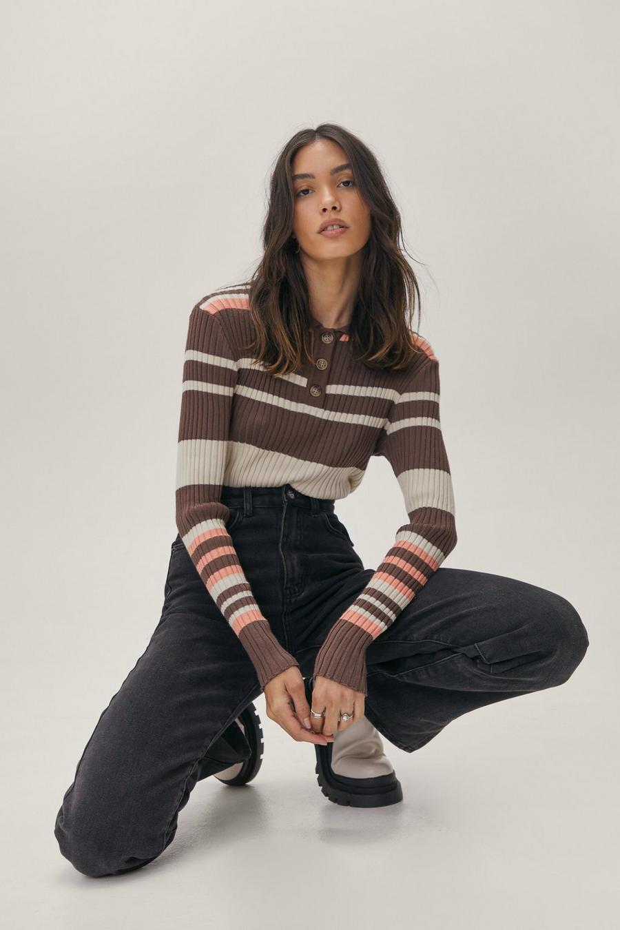 Striped Collared Knitted Long Sleeve Bodysuit