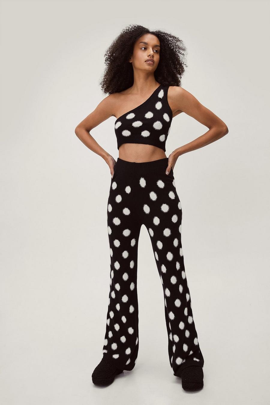 Fluffy Knitted Spot Print Wide Leg Trousers