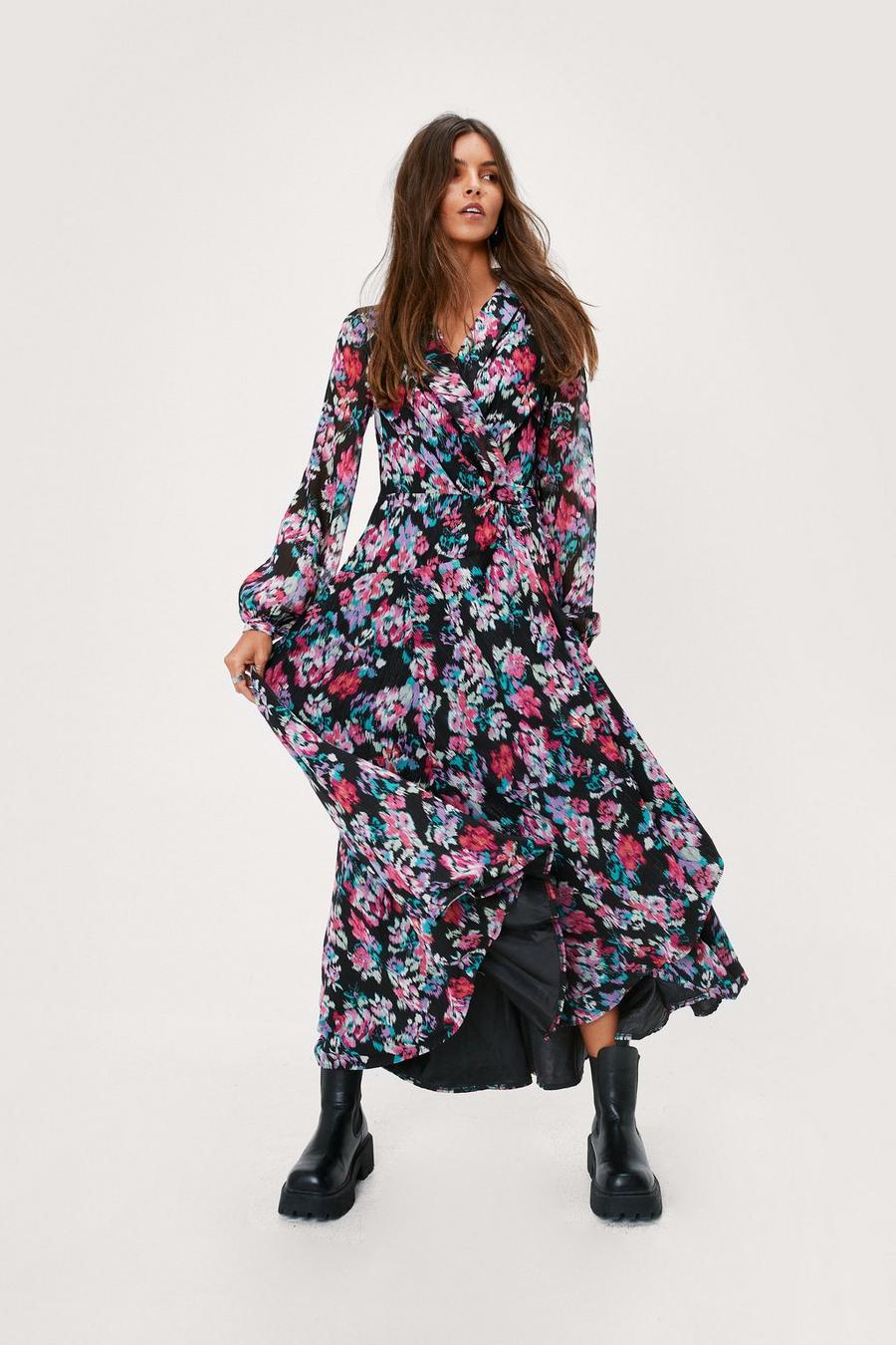 Blurred Floral Print Wrap Maxi Dress