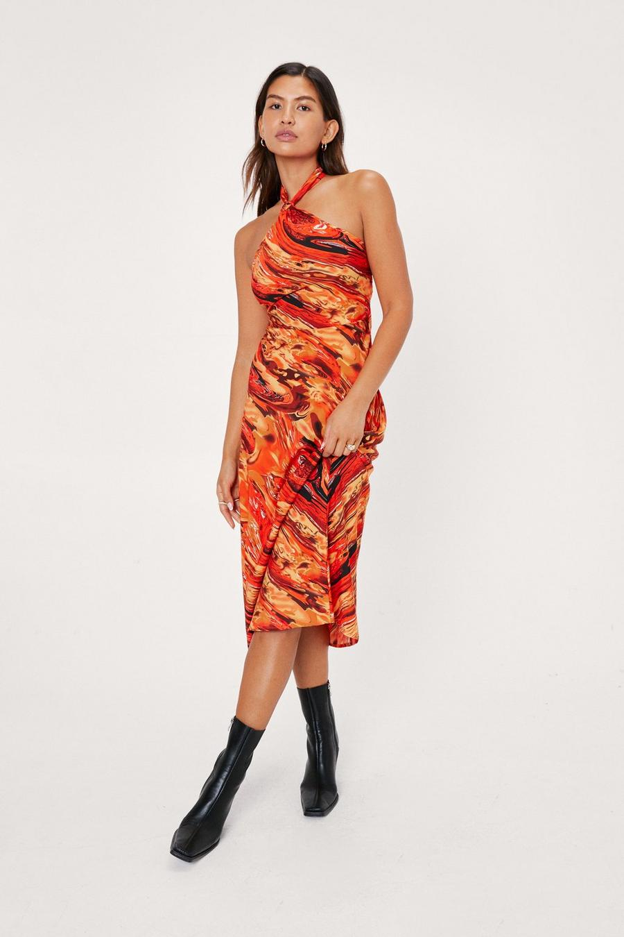 Abstract Satin Halterneck Midi Slip Dress