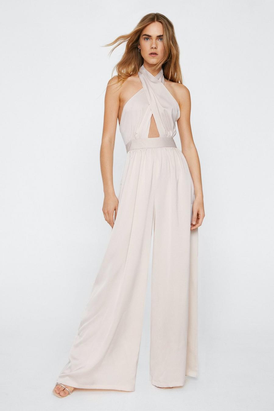 Recycled Satin Halter Wide Leg Jumpsuit