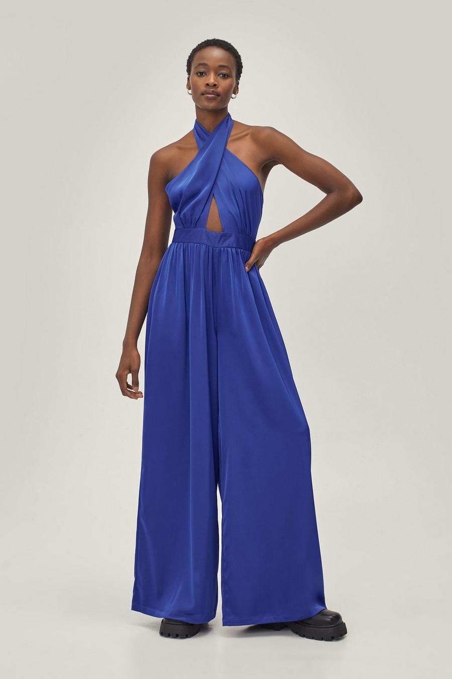 Recycled Satin Halter Wide Leg Jumpsuit