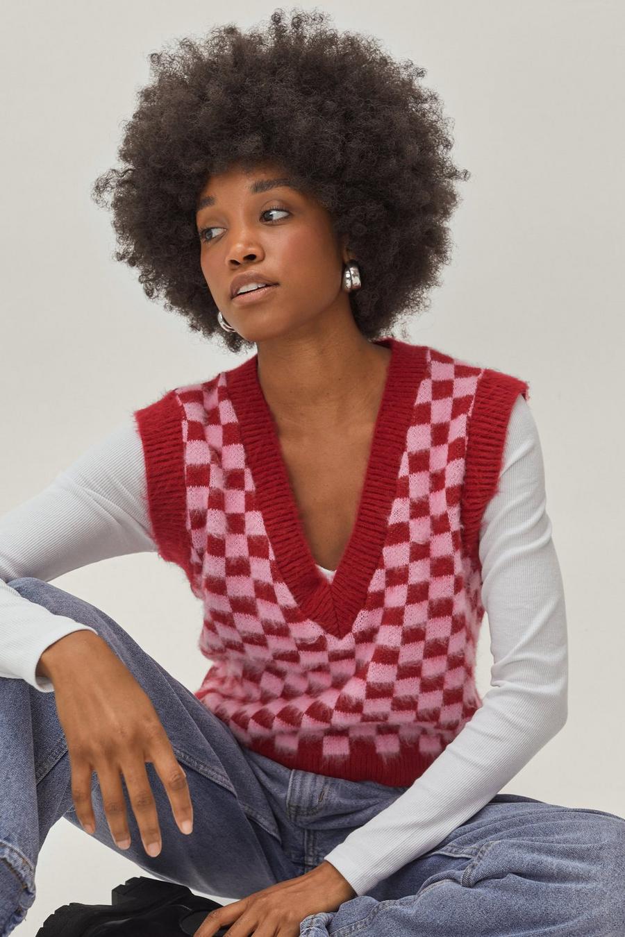 Petite Brushed Knit Checkerboard Sweater Vest