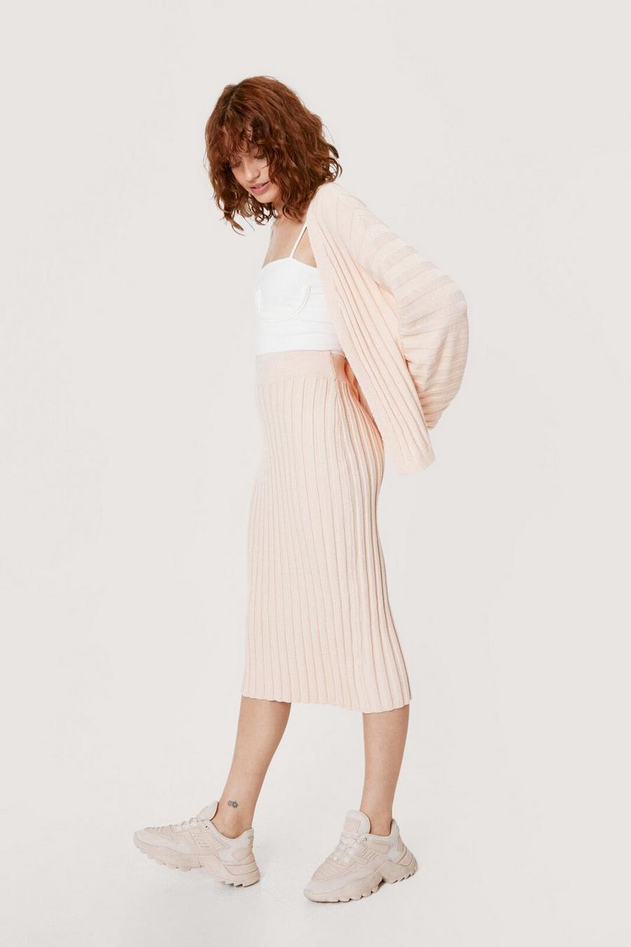 Wide Ribbed Knitted Cardigan and Skirt Set 