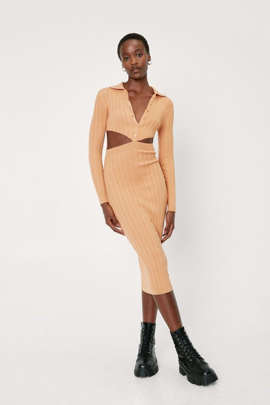 Recycled Ribbed Knitted Cut Out Midi Dress