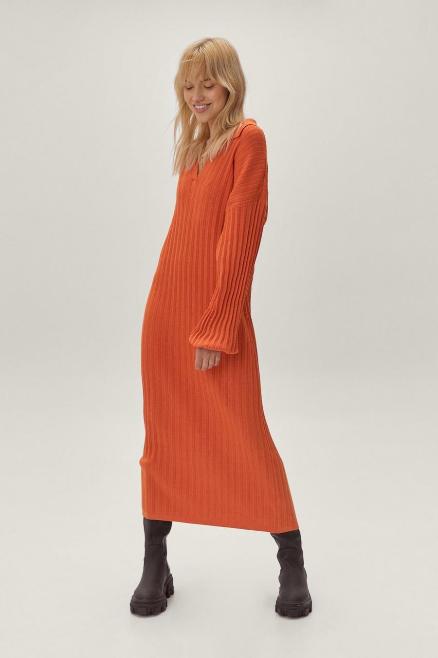 Recycled Ribbed Knitted Collared Midi Dress