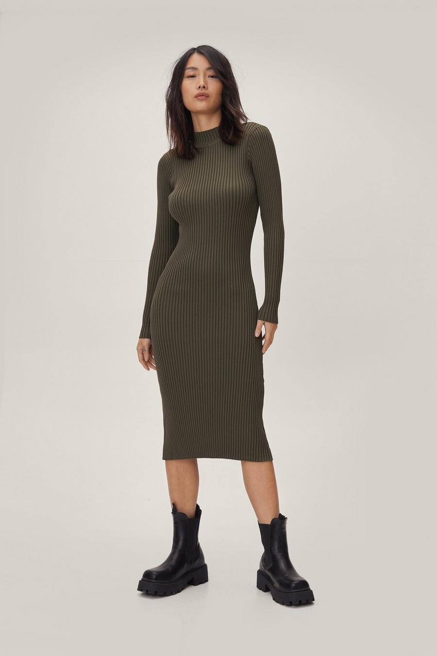 Knitted Ribbed High Neck Long Sleeve Midi Dress