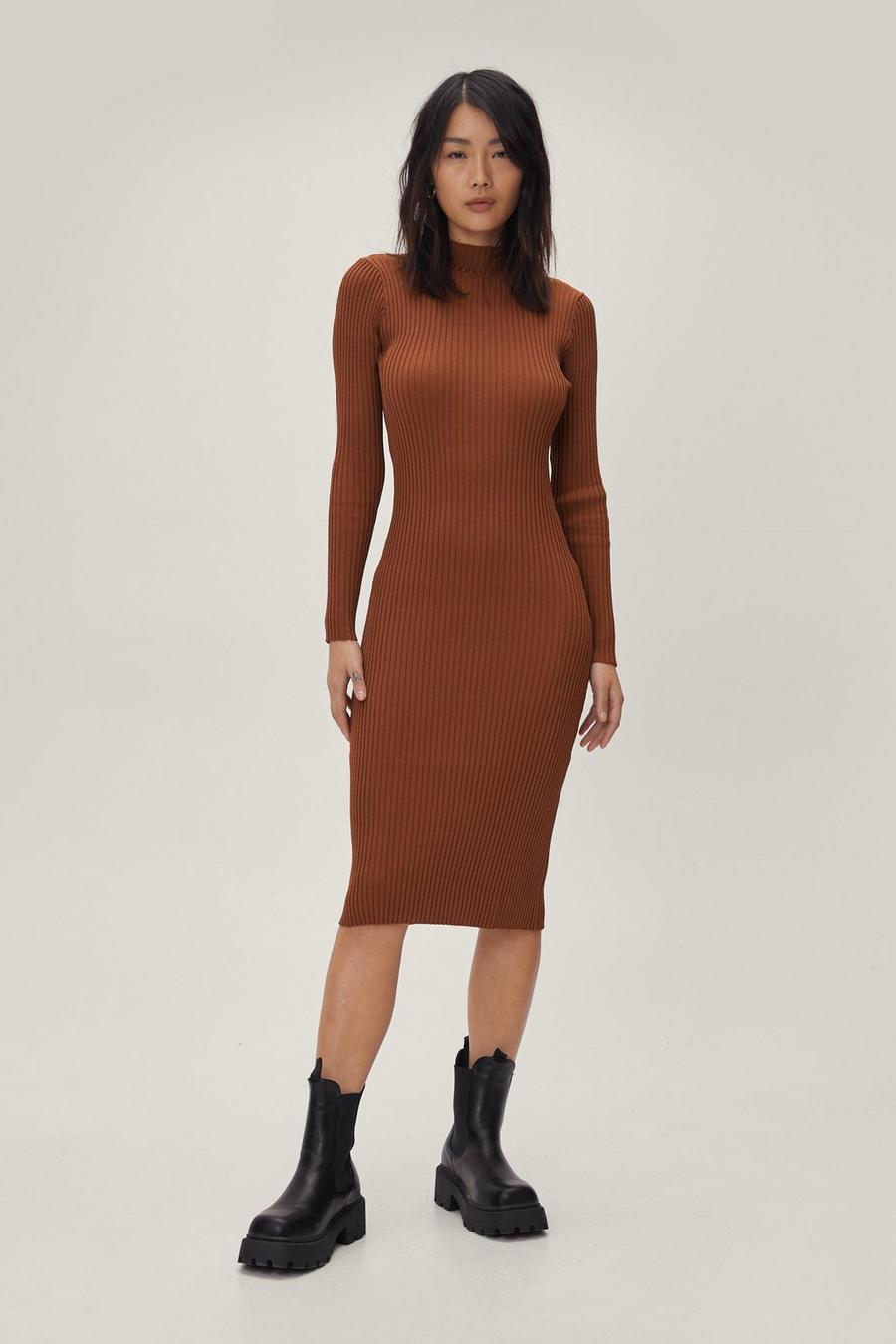 Knitted Ribbed High Neck Long Sleeve Midi Dress