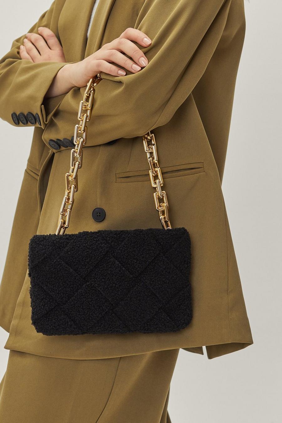Faux Shearling Woven Shoulder Bag With Chain