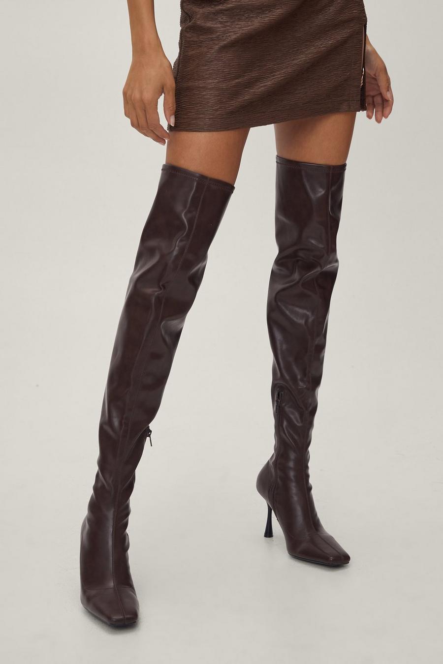Stretch Faux Leather Stiletto Over The Knee Boots