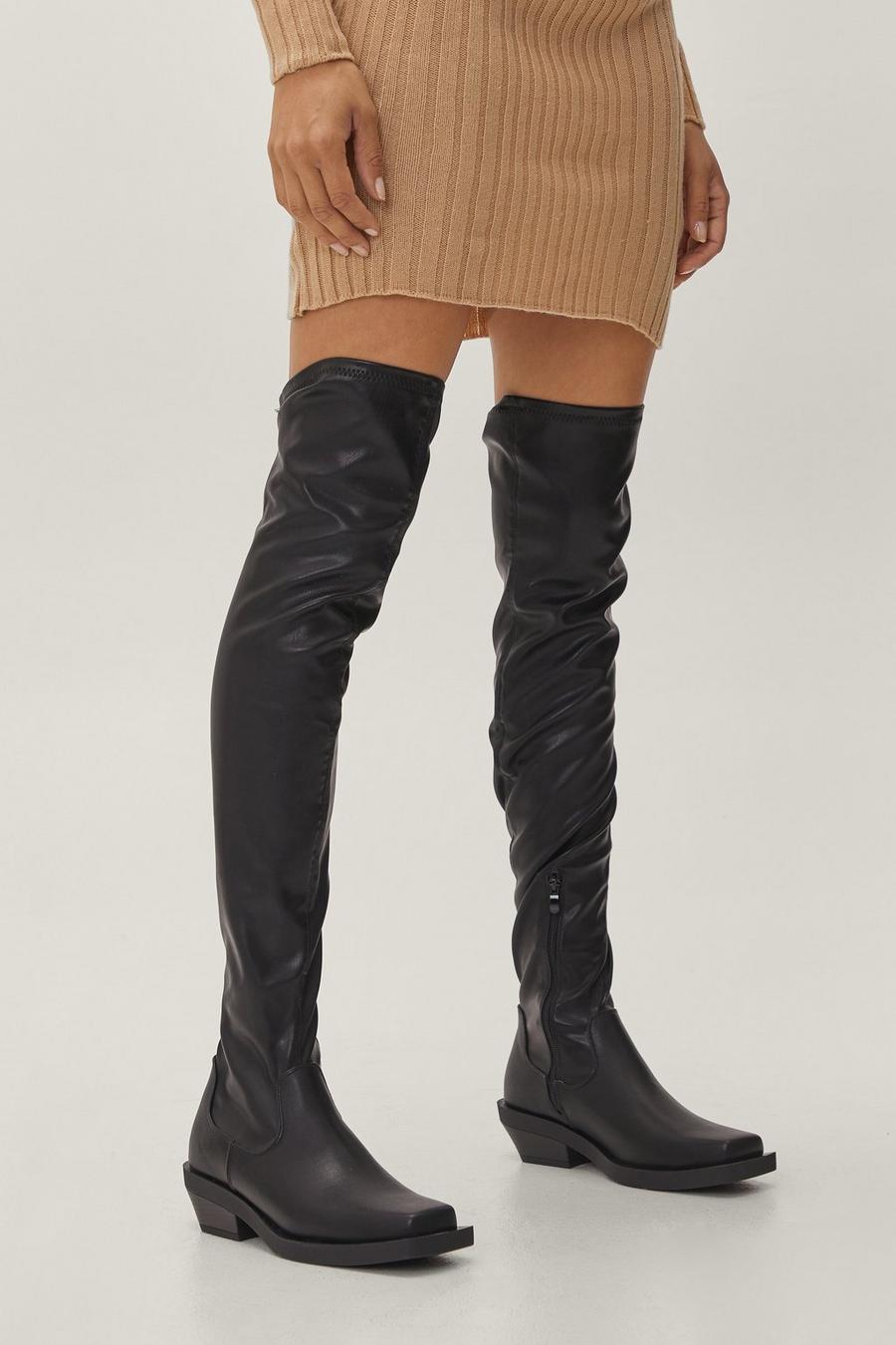 Faux Leather Over The Knee Cuban Heel Boots