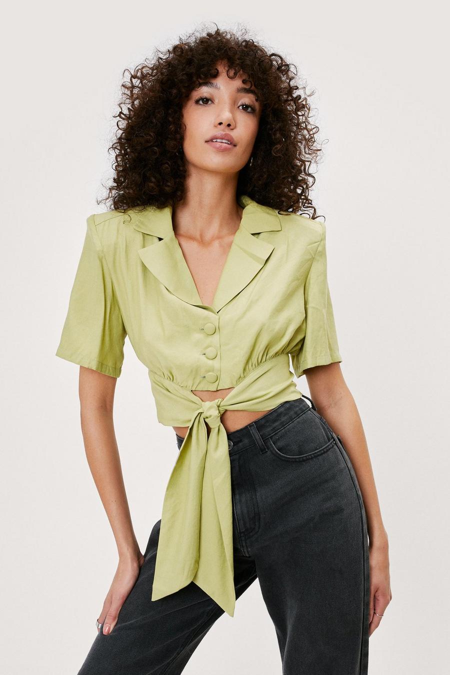 Shoulder Pad Tie Front Cropped Shirt