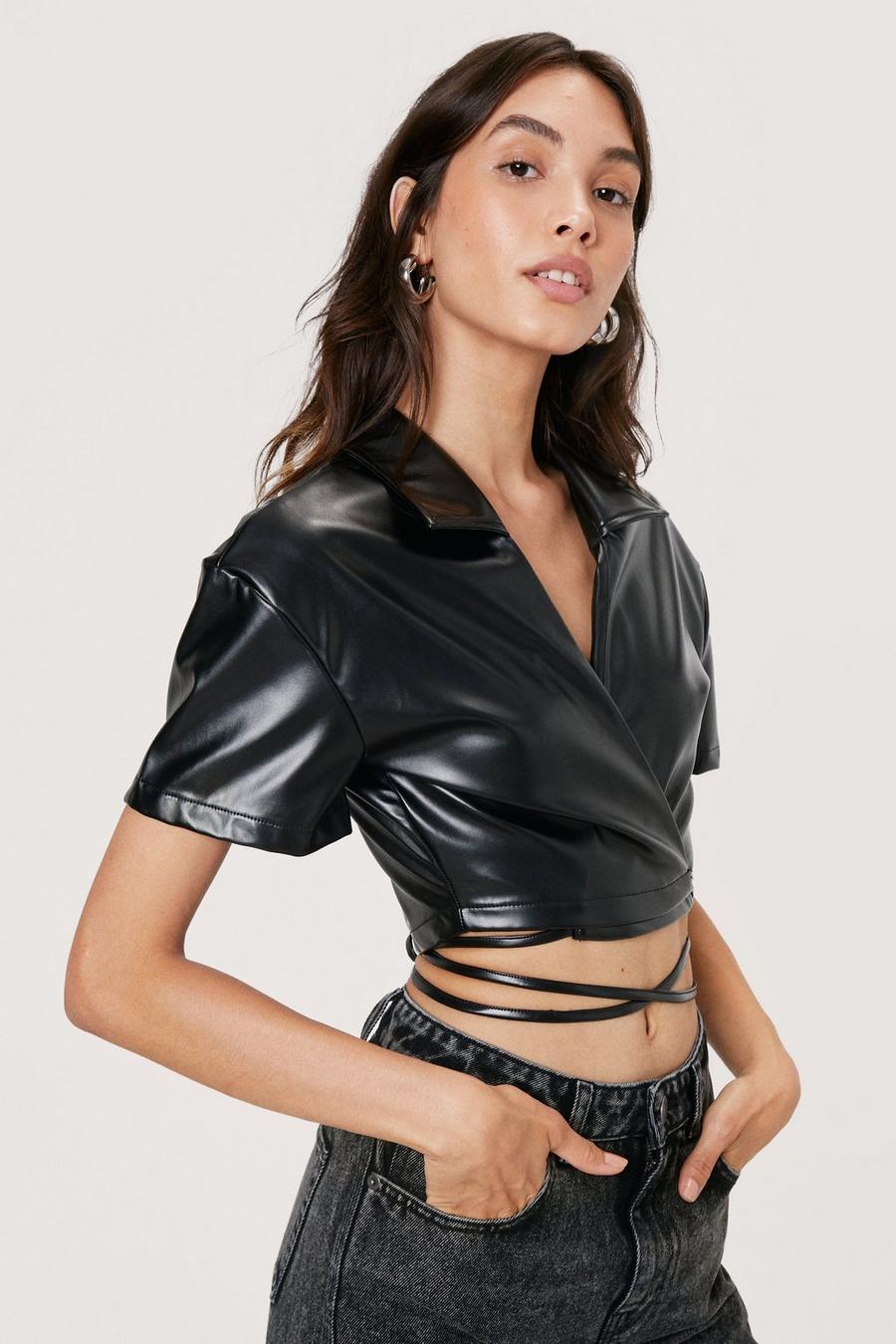 Faux Leather Wrap Wide Sleeve Crop Top