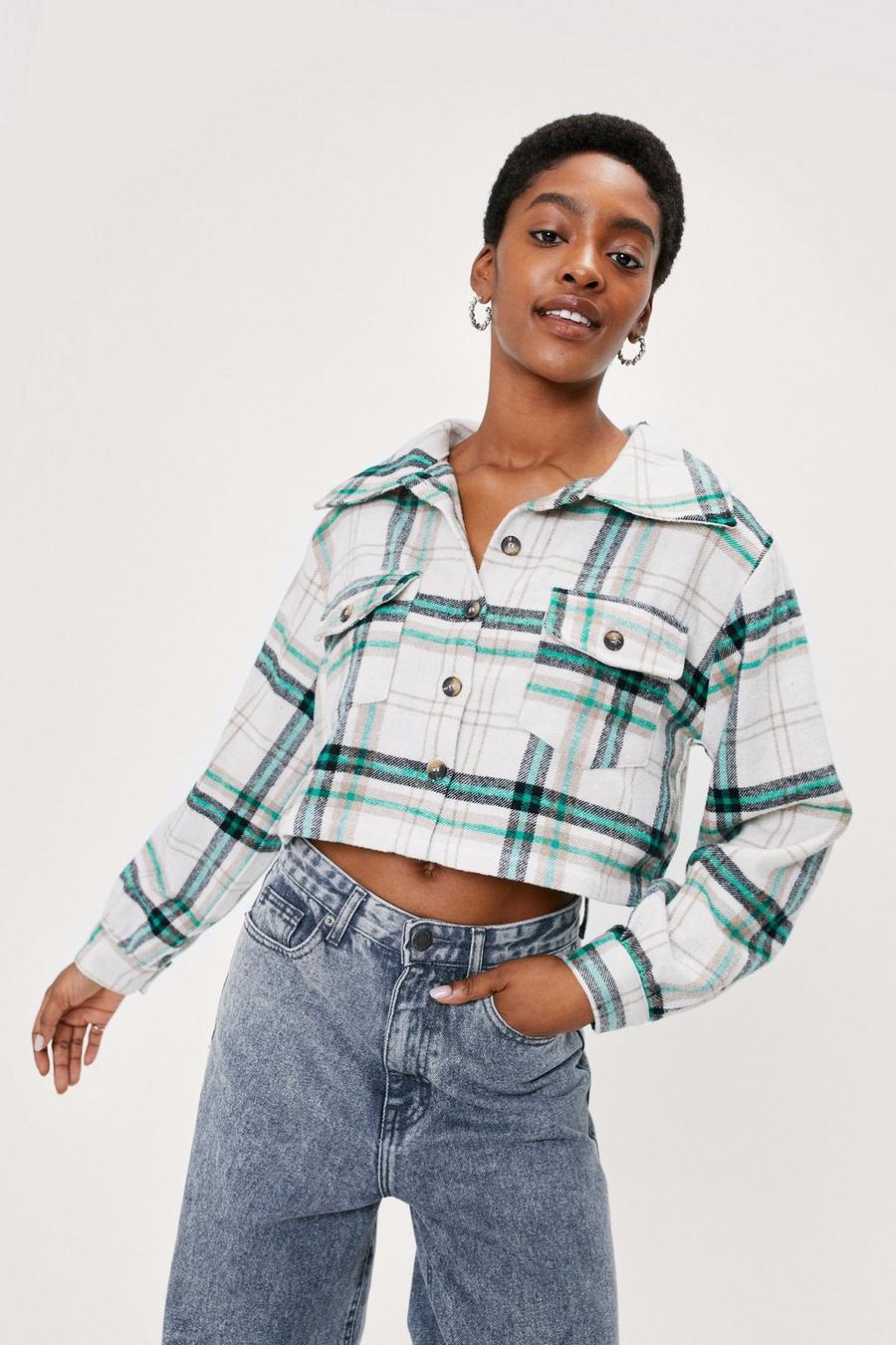 Checked Cropped Balloon Sleeve Shirt 