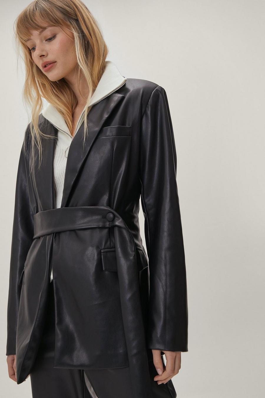 Faux Leather Long Sleeve Belted Blazer