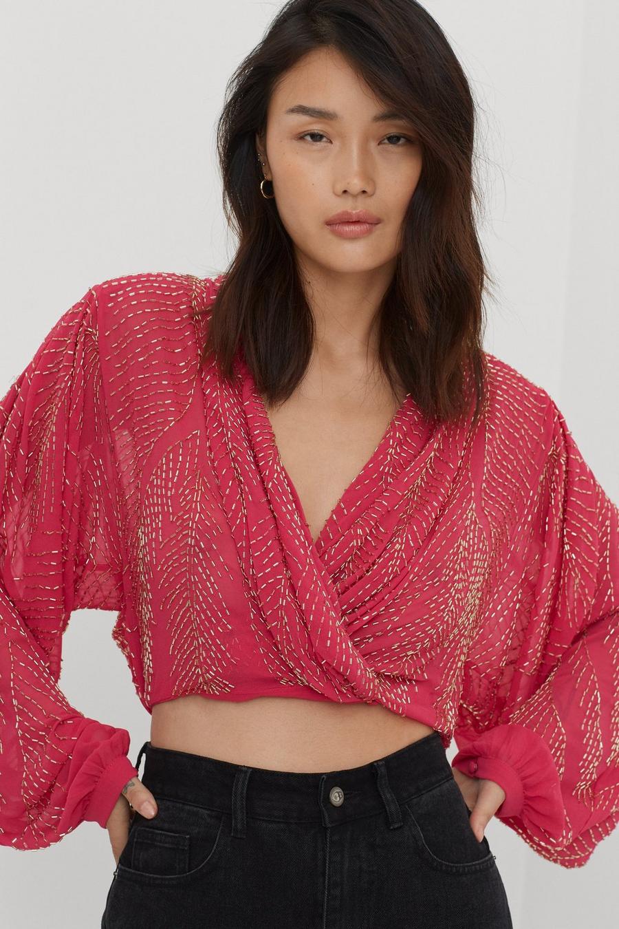 Beaded Batwing V Neck Cropped Blouse