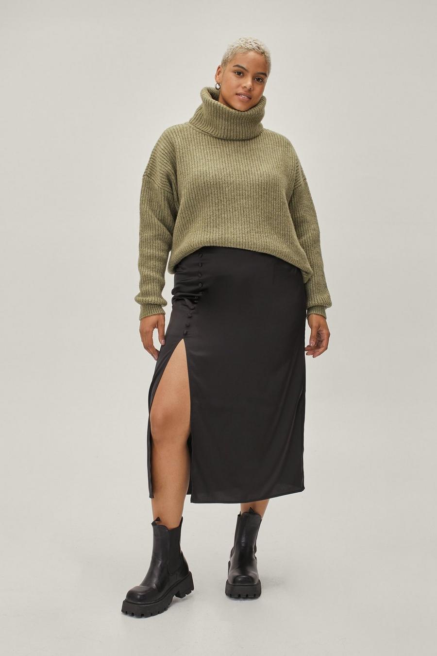 Plus Size Button Detail Midi Slip Skirt
