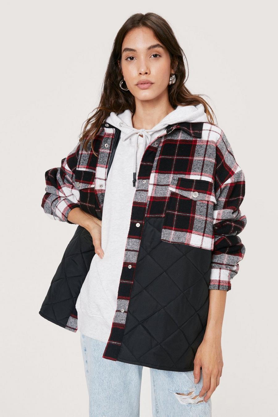 Quilted Panel Check Oversized Collared Shacket