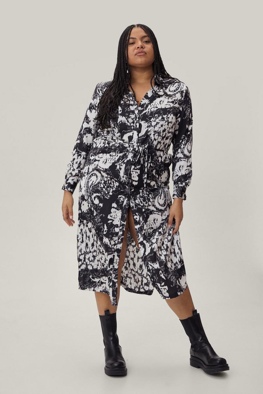 Plus Size Abstract Print Midi Shirt Dress