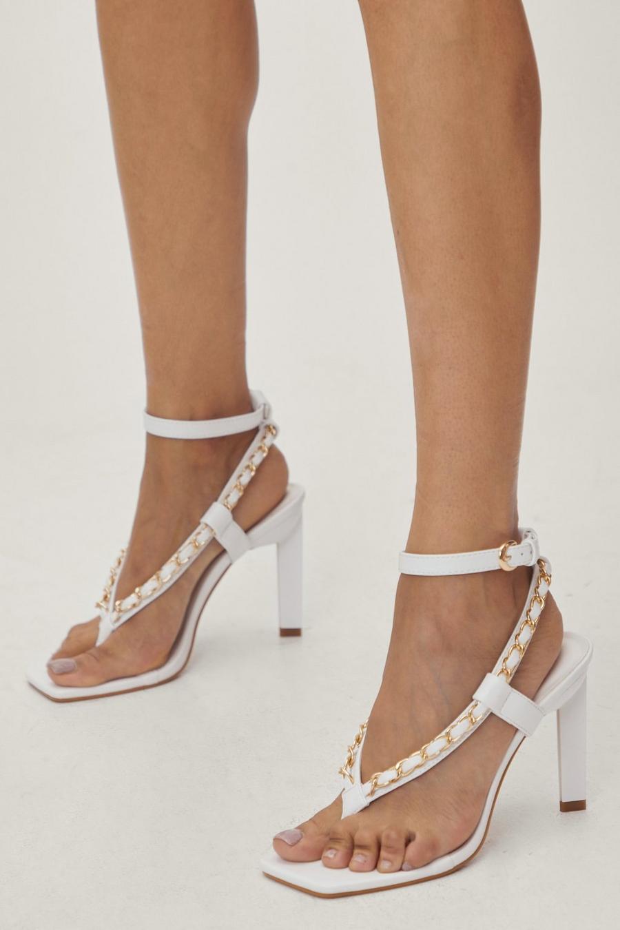 Faux Leather Chain Detail Toe Thong Heels