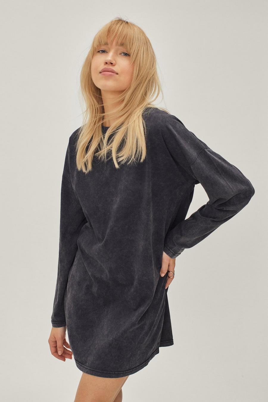 Oversize Long Sleeve T-shirt Dress Acid Wash