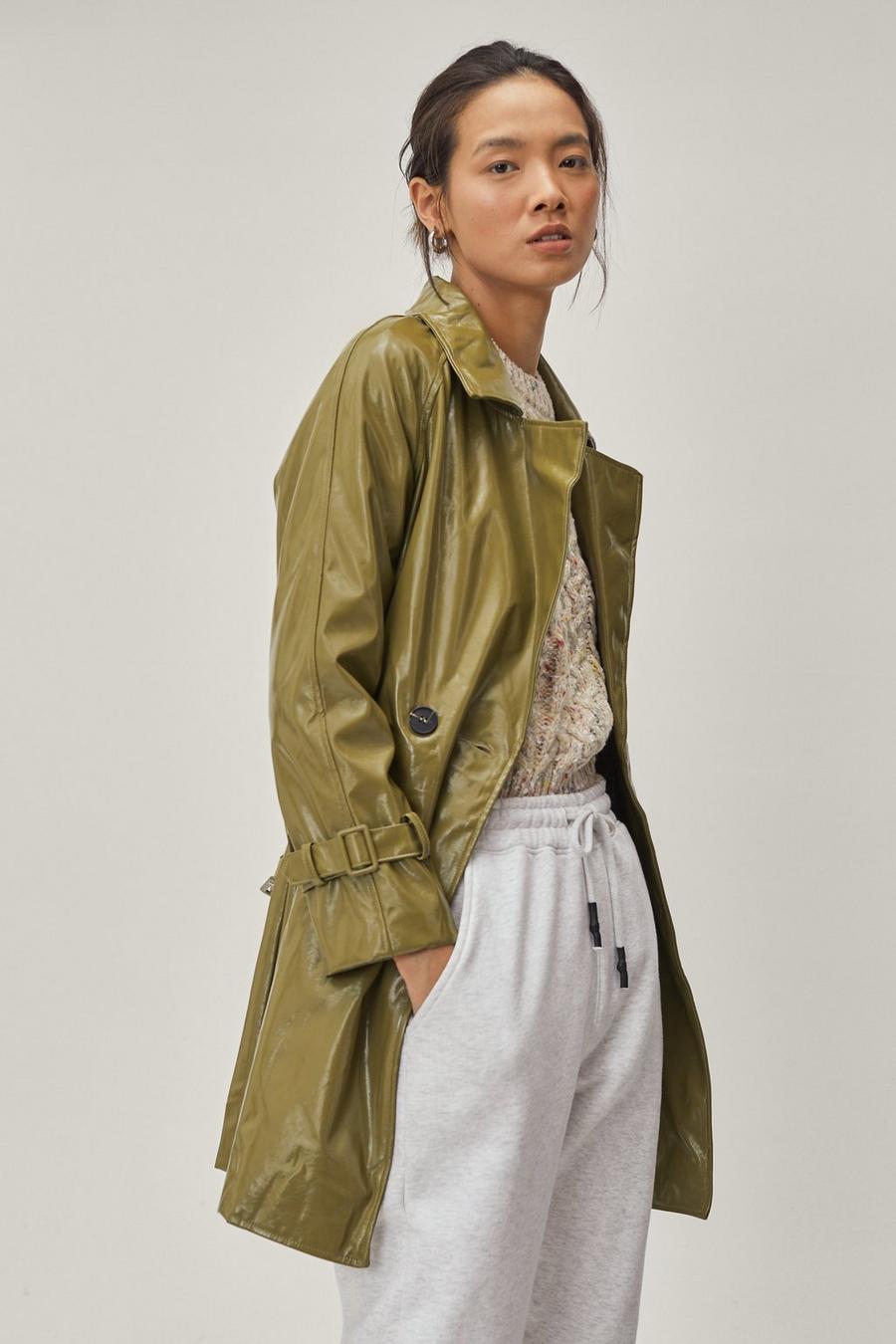 Faux Leather Vinyl Belted Trench Coat