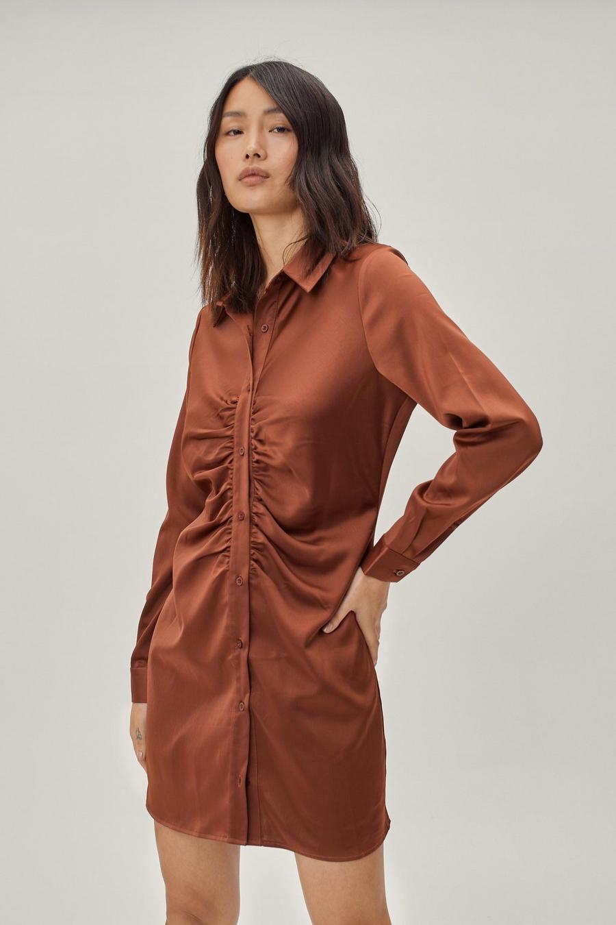 Sustainable Satin Ruched Front Shirt Mini Dress