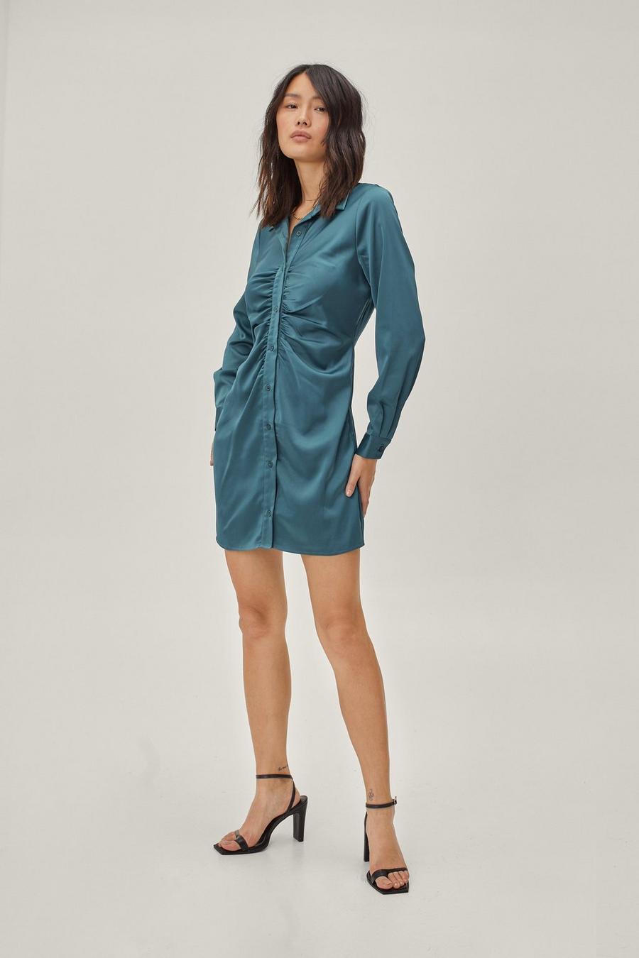 Sustainable Satin Ruched Front Shirt Mini Dress
