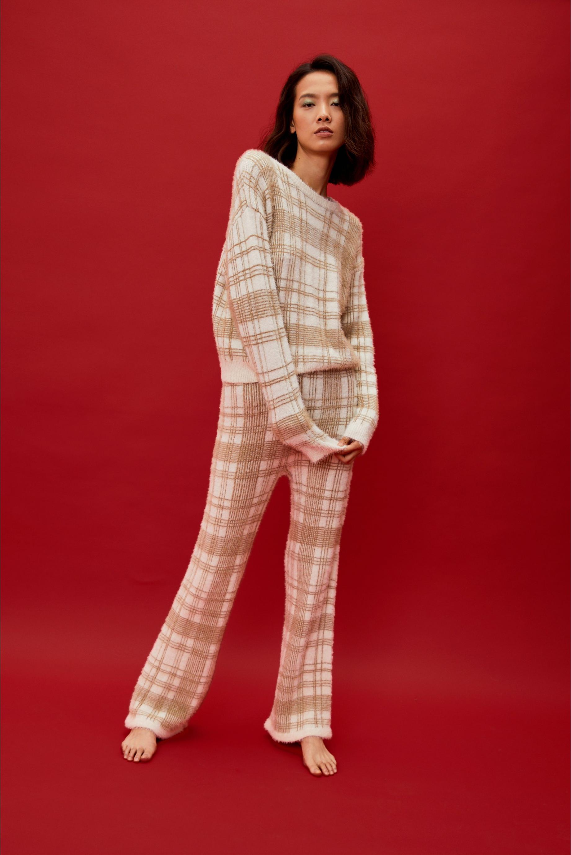 Knitted Checked Wide Leg Lounge Trousers