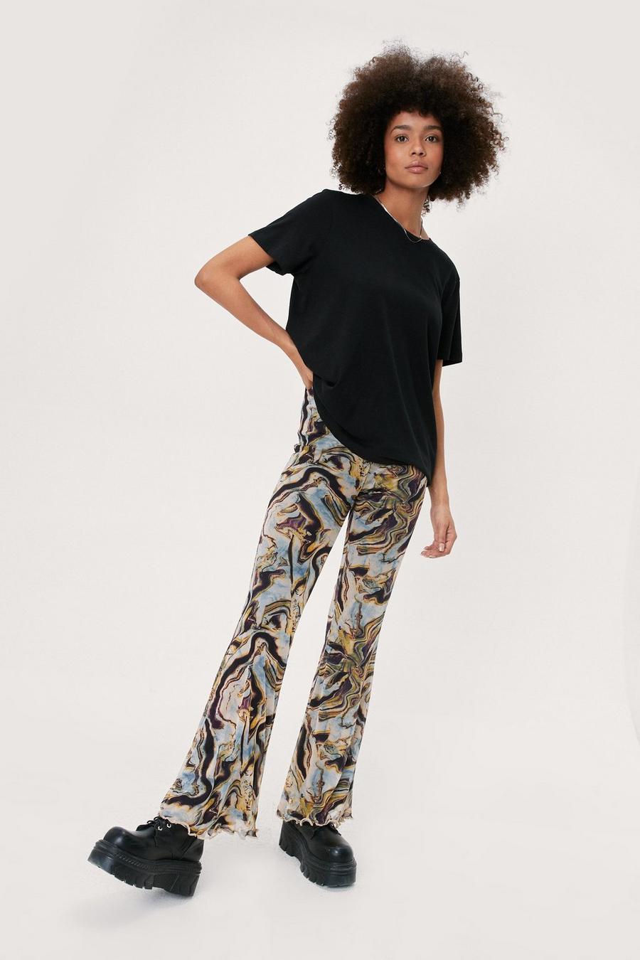 Marble Print Mesh Flared Trousers