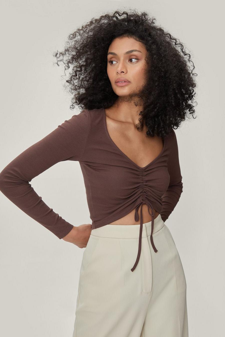 Ruched Scoop Neck Long Sleeve Cropped Top