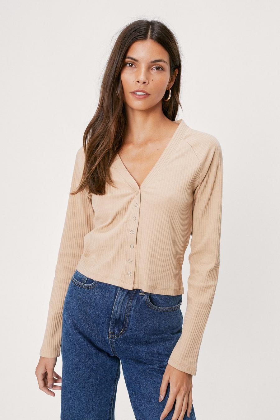 Long Sleeve Ribbed Button Down Top