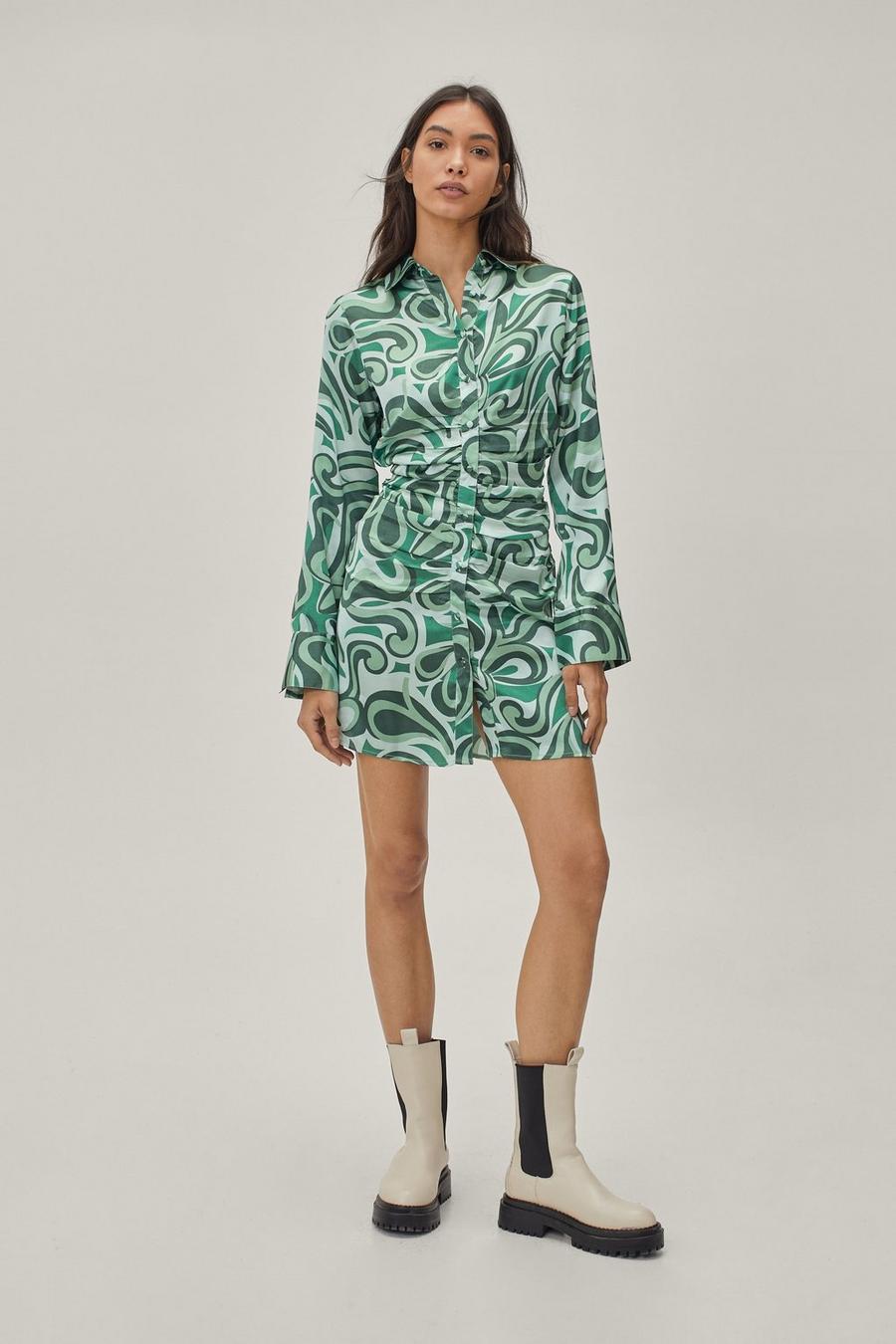 Green Swirl Print Ruche Shirt Dress