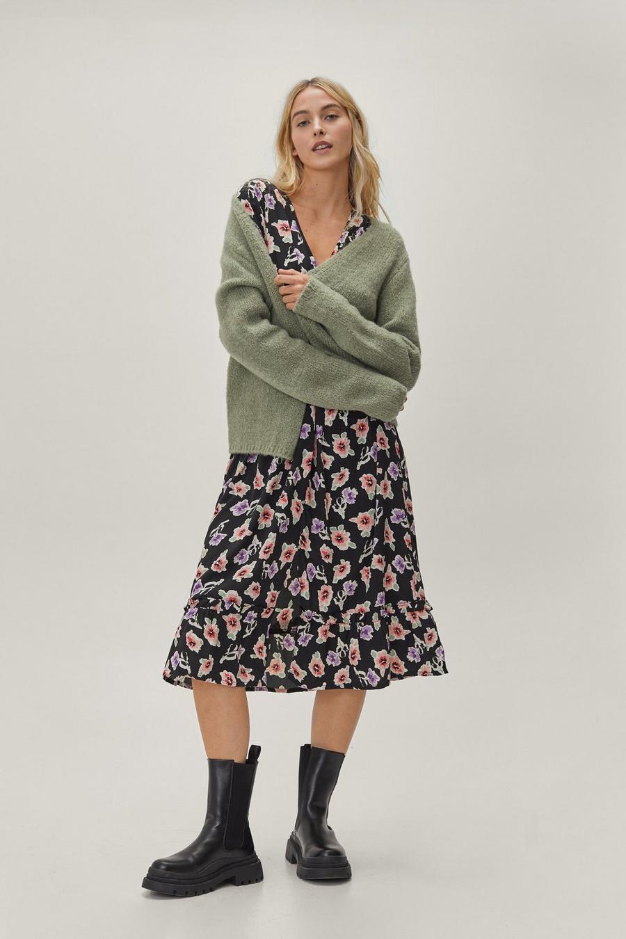 Floral Blouson Sleeve Ruffle Midi Dress