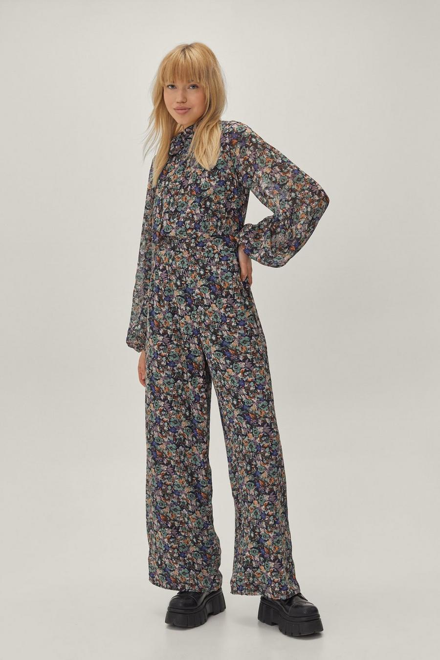 Ditsy Floral Puff Sleeve High Neck Jumpsuit