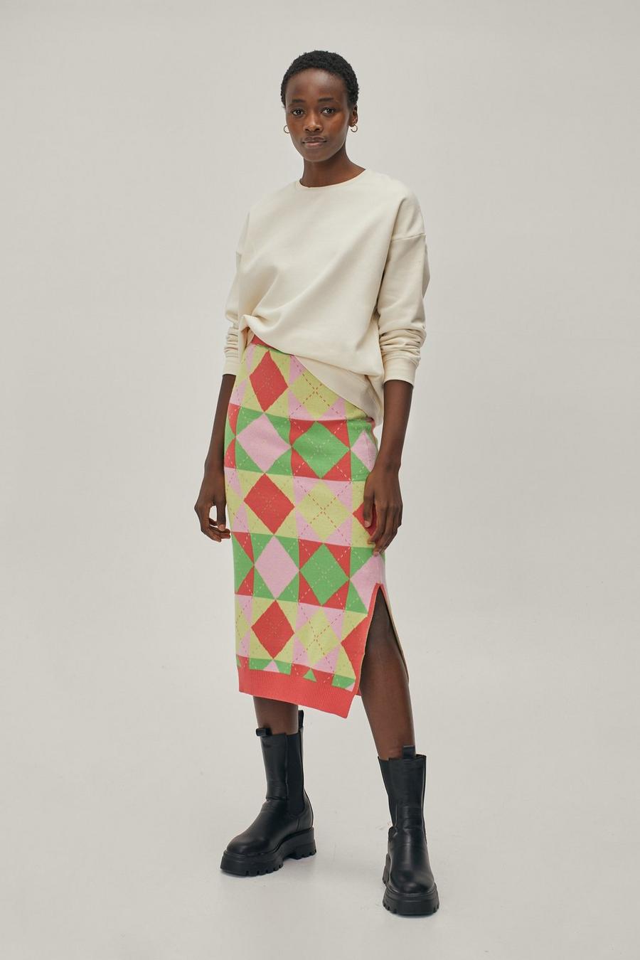 Square Design Argyle Knit Split Hem Midi Skirt