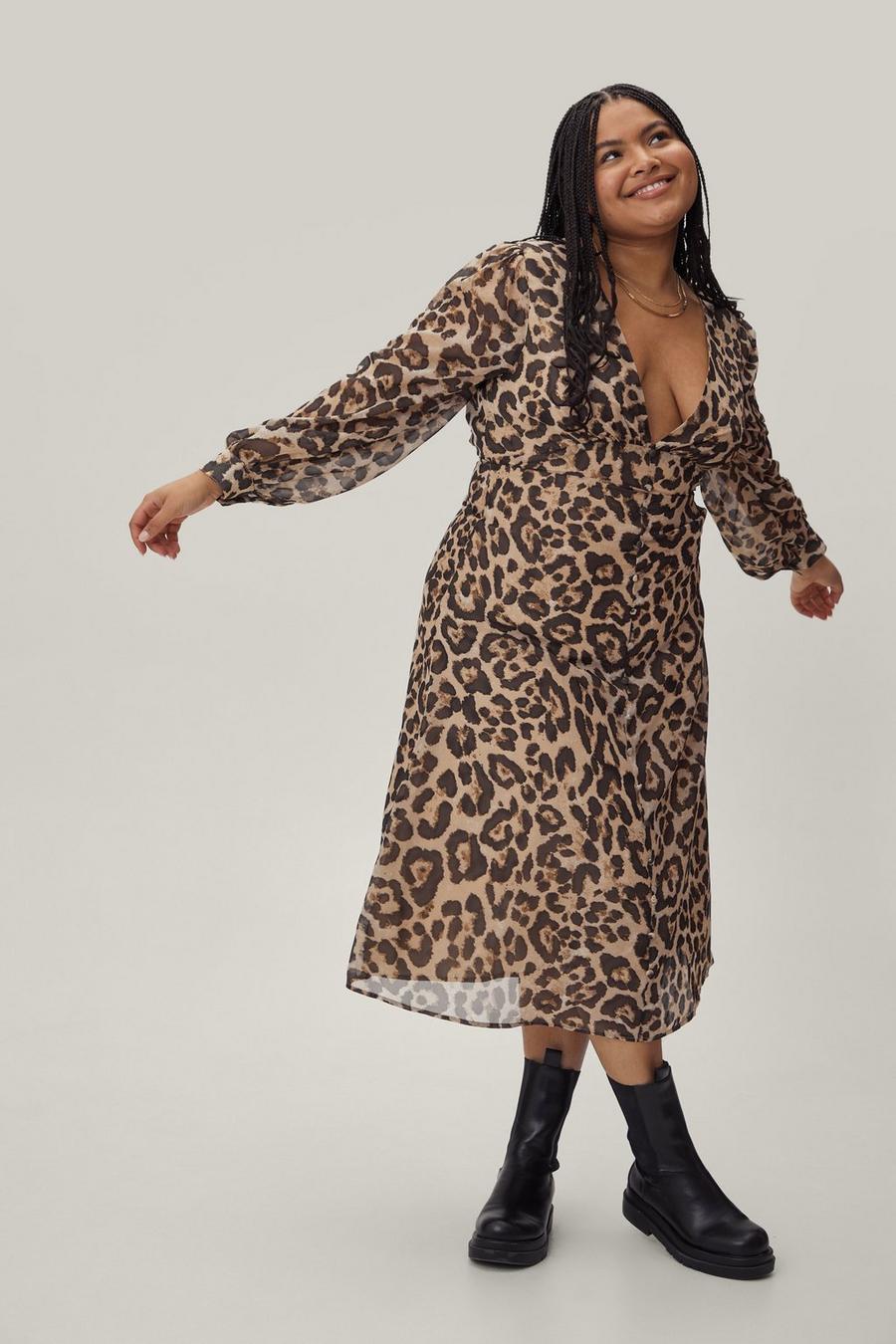 Plus Size Leopard Print Button Down Midi Dress