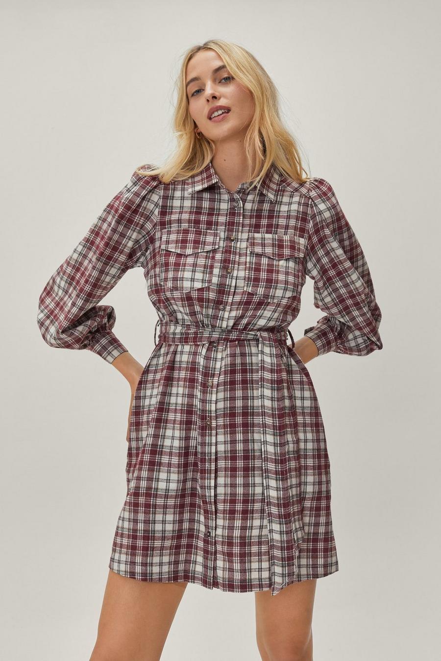 Belted Collared Mini Check Shirt Dress