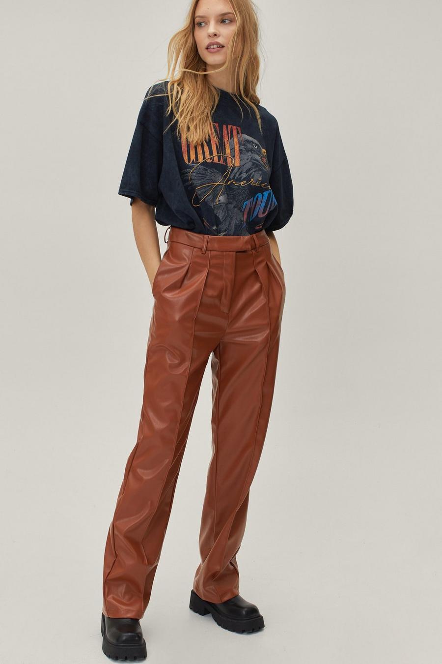 Faux Leather Straight Leg Pleated Trousers