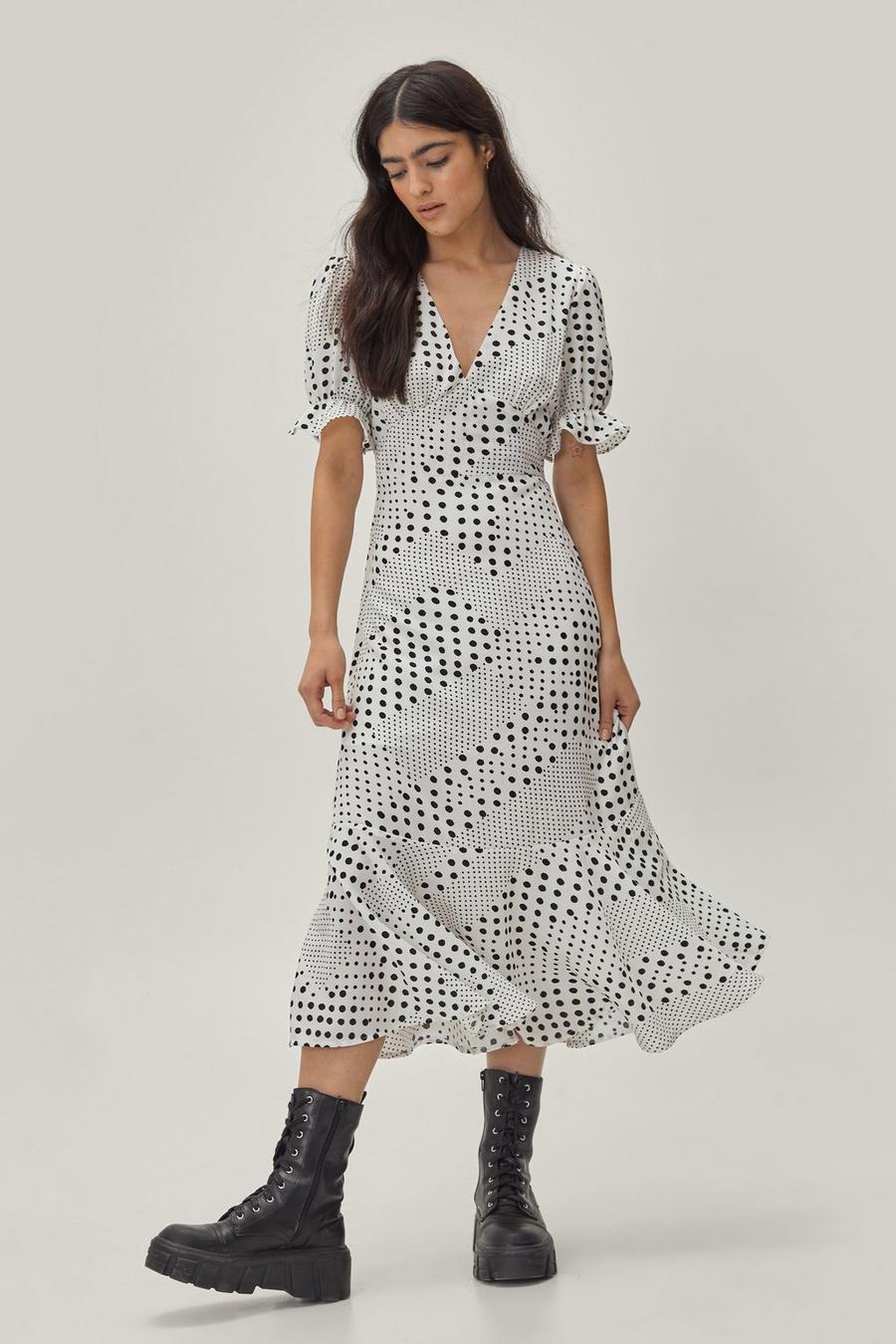 Mixed Spot Print Fitted Midi Dress
