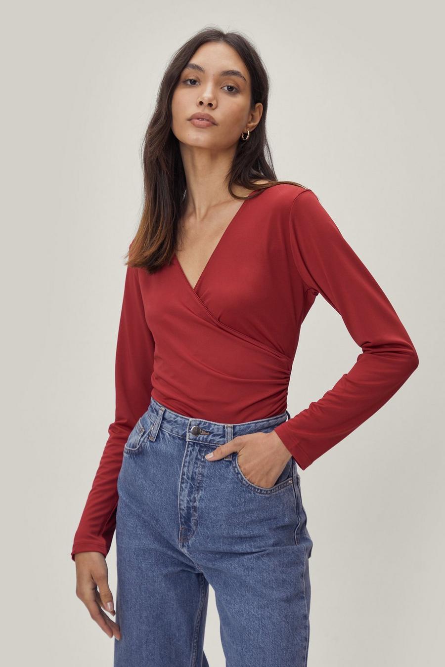 Fitted V Neck Wrap Ruched Top