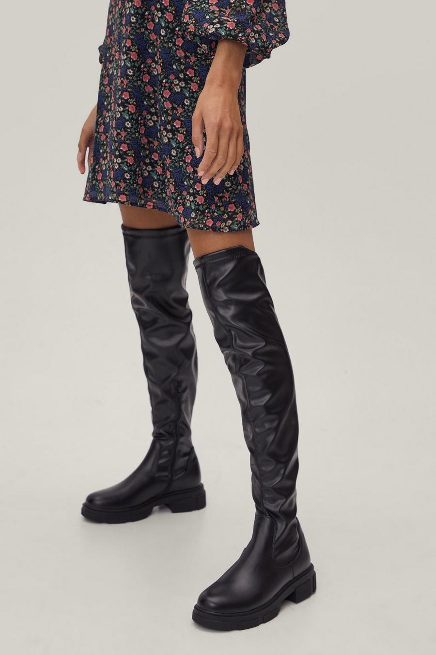 Faux Leather Cleated Over Knee High Boots