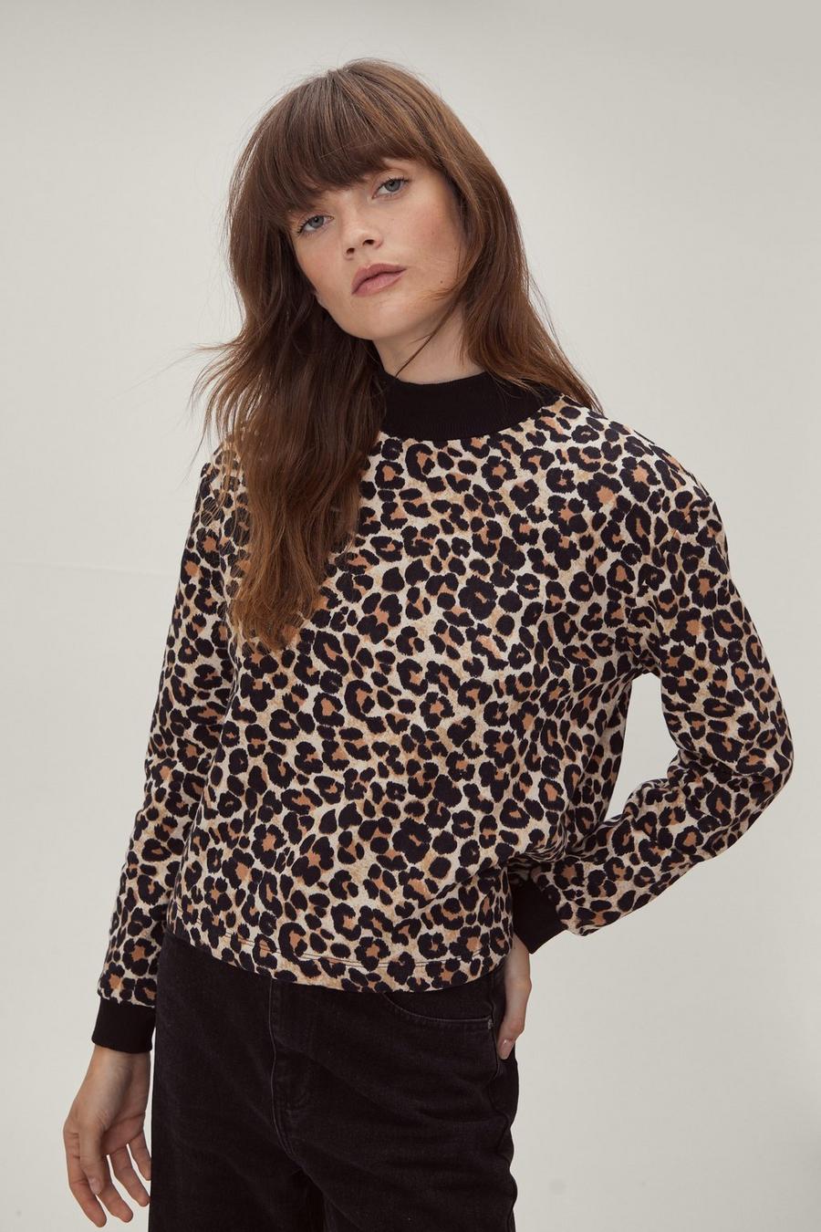 Oversized Leopard Print High Neck Sweatshirt