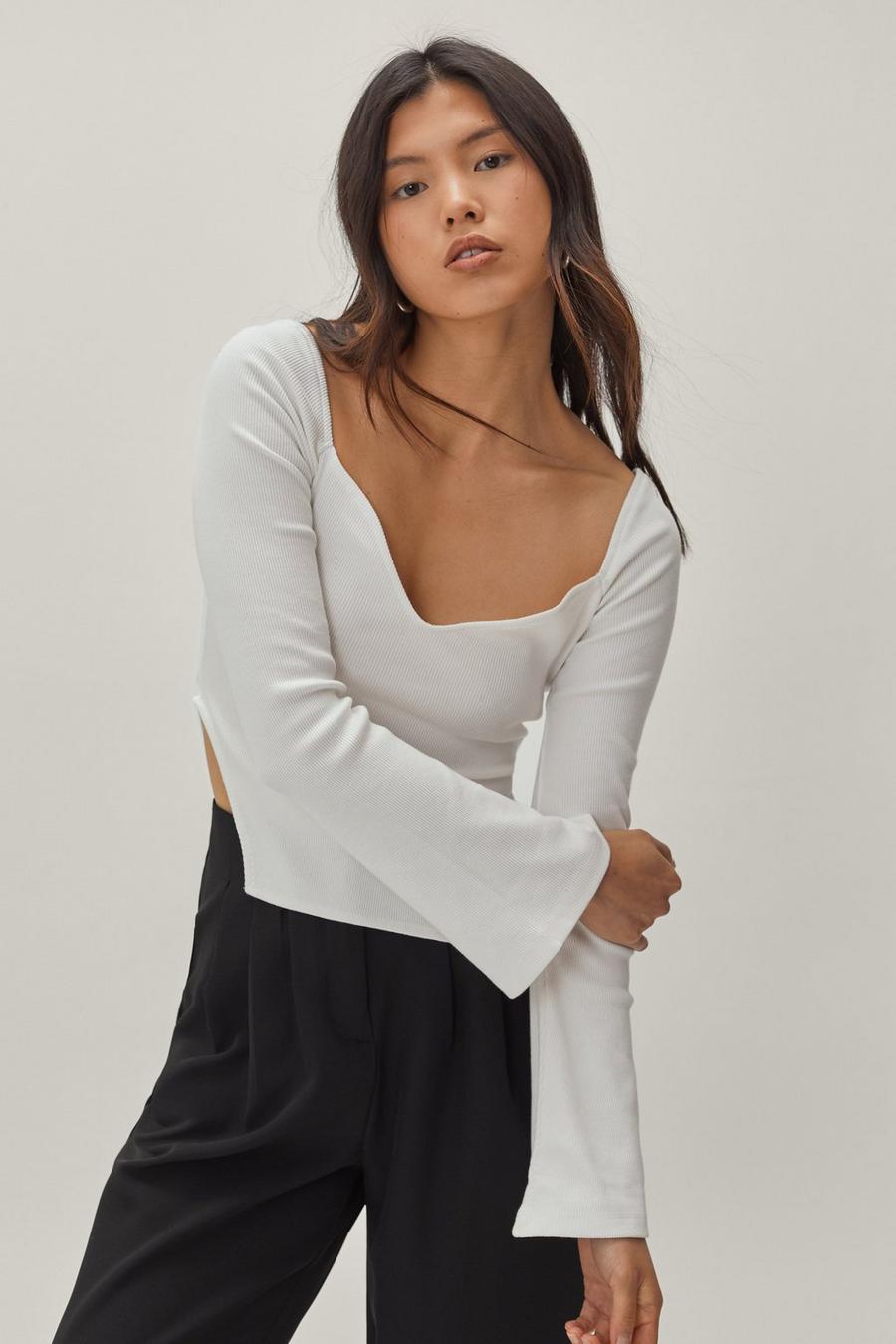 Cropped Sweetheart Neckline Flare Sleeve Top
