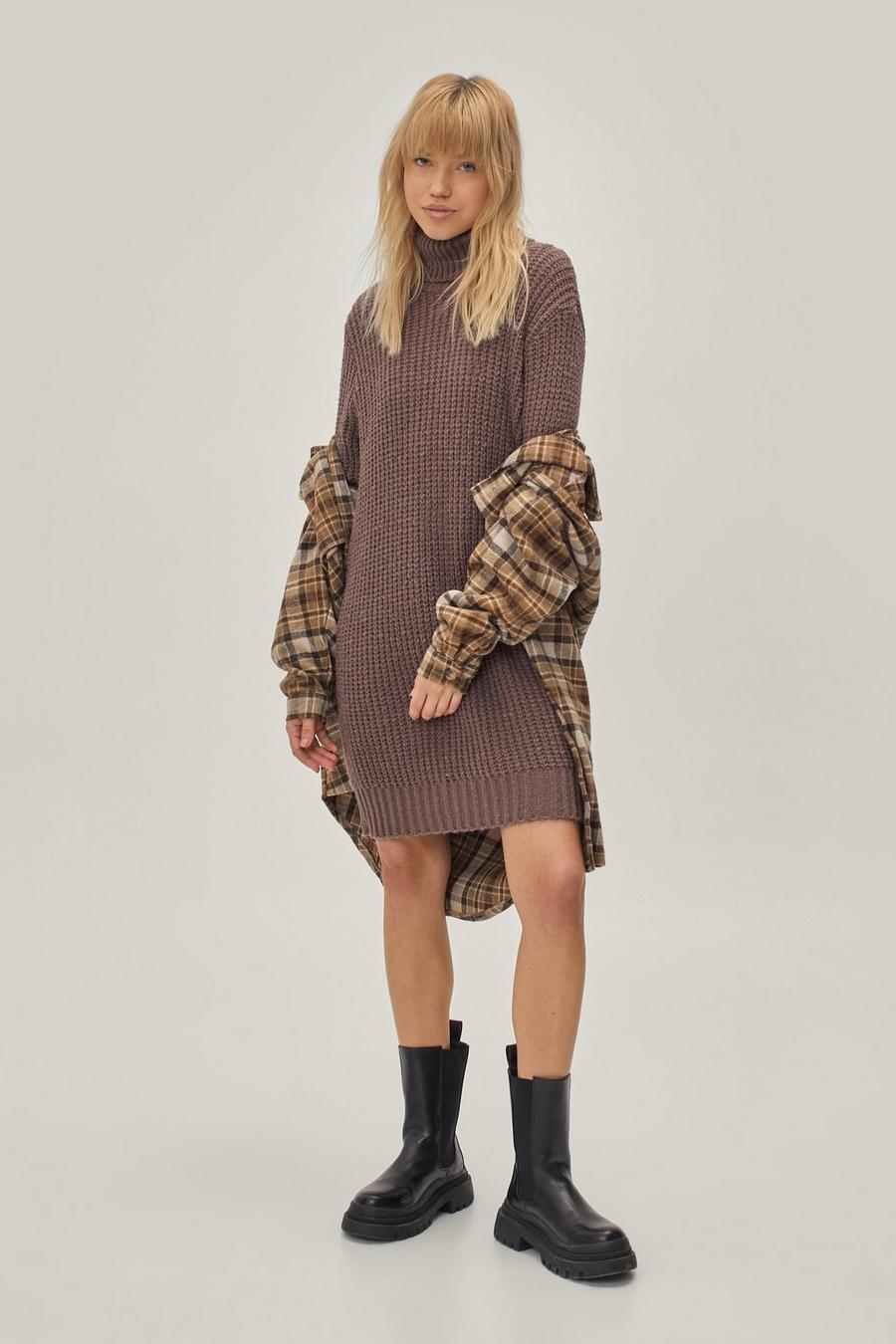 Roll Neck Knitted Long Sleeve Mini Sweater Dress
