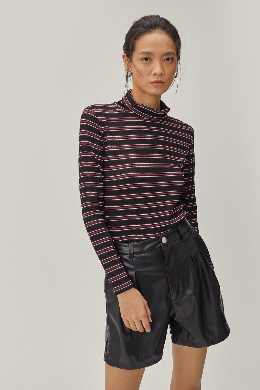 Stripe Print Ribbed Roll Neck Top