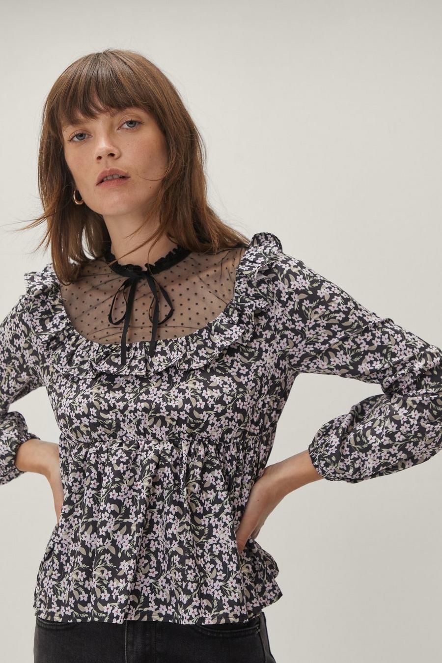 Dobby Mesh High Neck Floral Ruffle Top