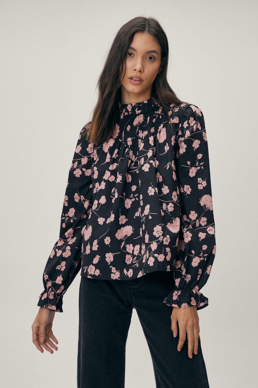 Shirred High Neck Floral Printed Blouse