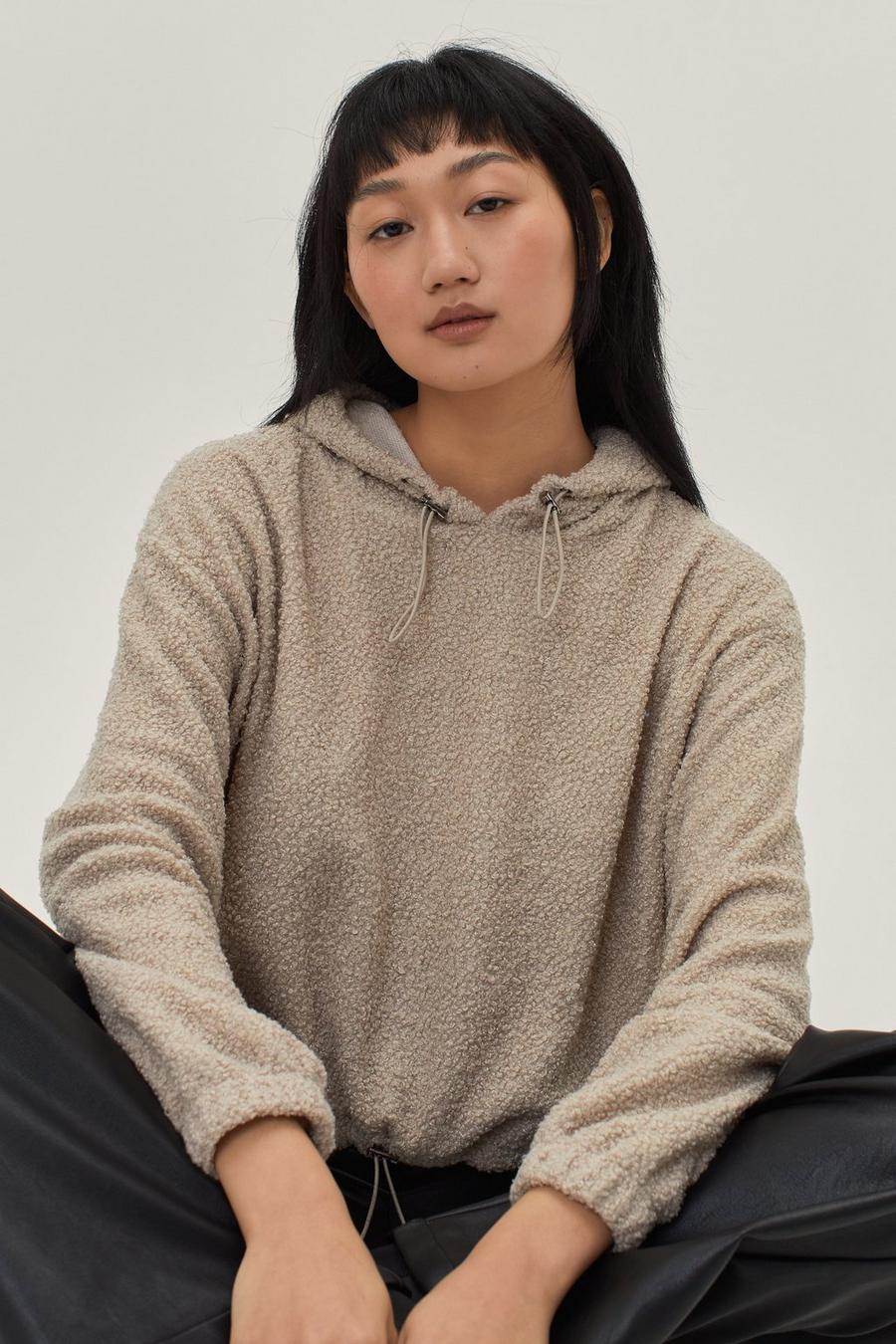 Cropped Borg Hooded Long Sleeve Sweater