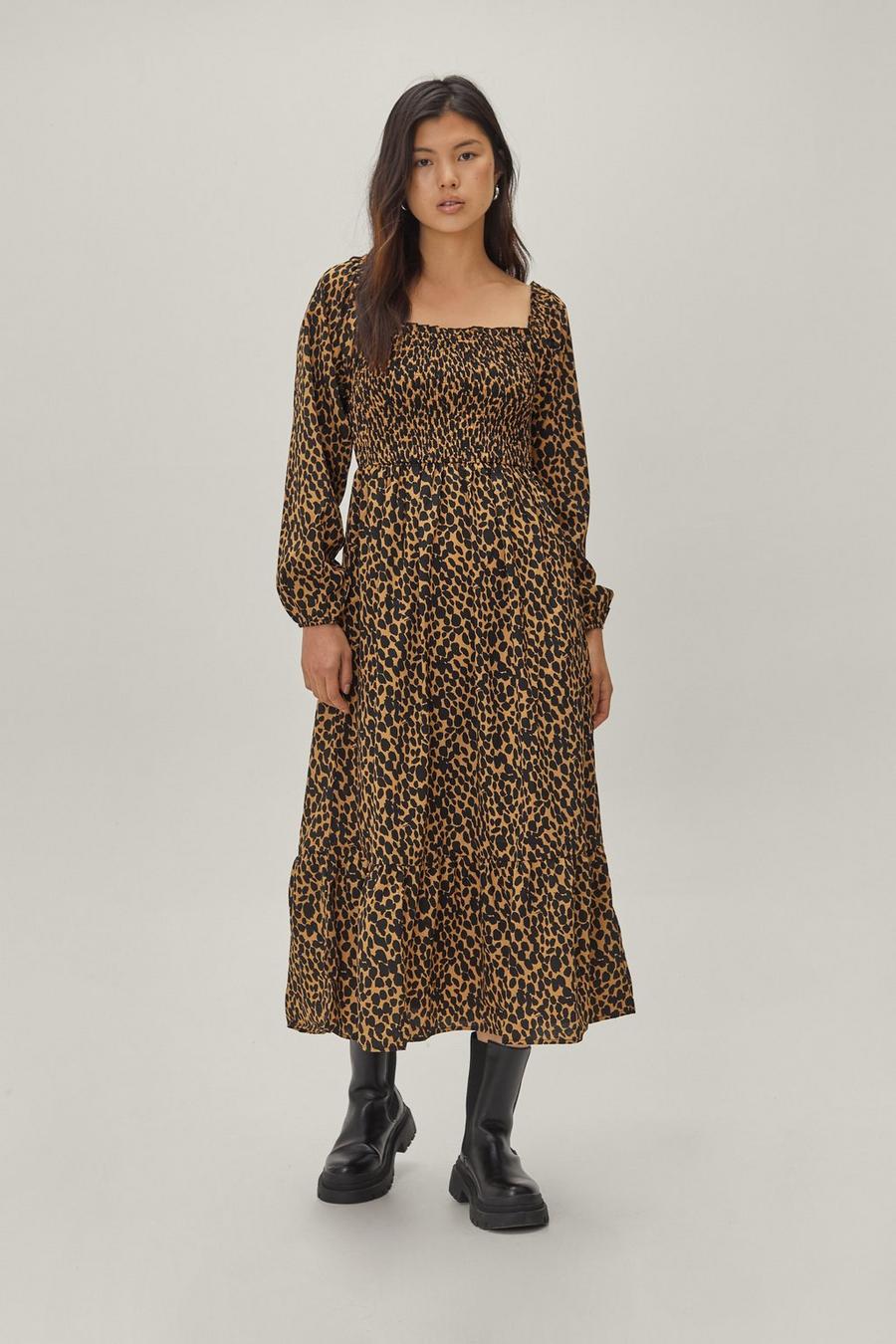 Leopard Puff Sleeve Shirred Midi Dress